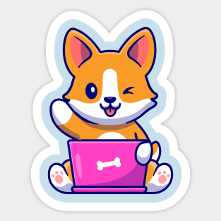 Cute Corgi Dog Working On Laptop Cartoon Sticker